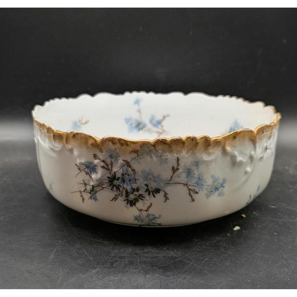 Antique Limoges France Porcelain Bowl‎ Blue Floral Scalloped Gold Gilt Trim